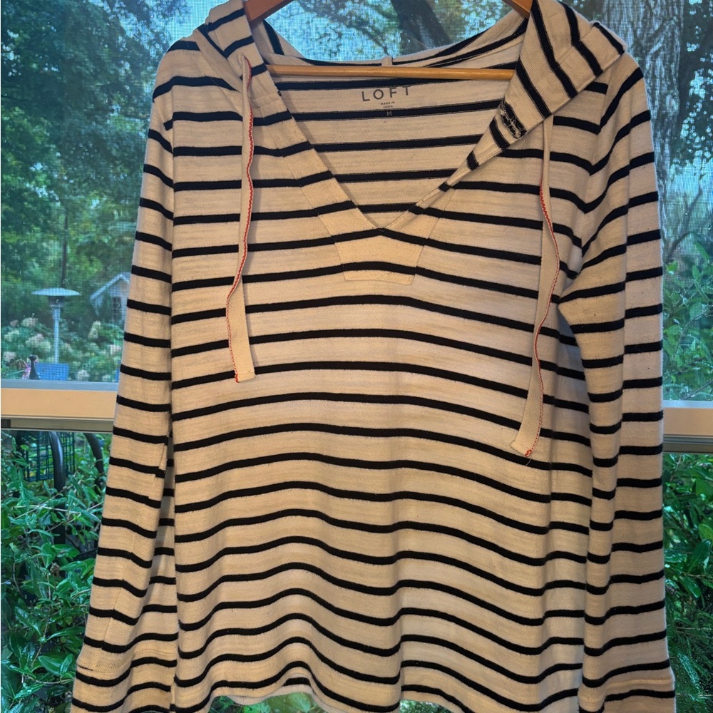 LOFT Women's Black and White Striped Hoodie medium